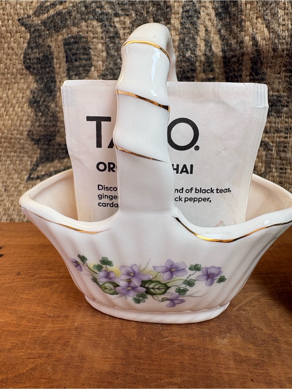 Ceramic Bone China Tea Caddy or Trinket Basket With Violets and Clovers/Shamrock
